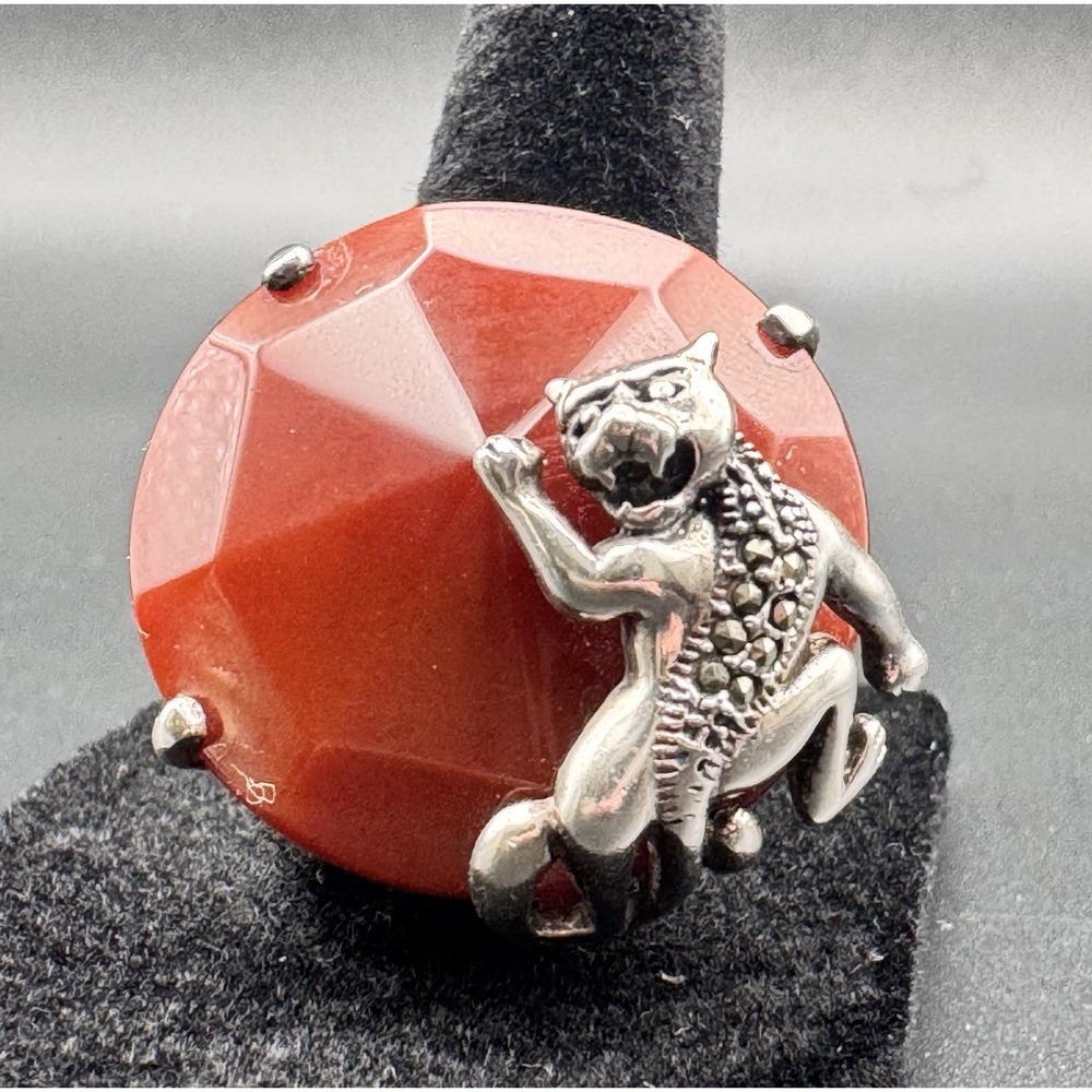 Sterling Silver Panther Carnelian Ring Size 8.5 Marcasite Art Deco Style 18.9 gm